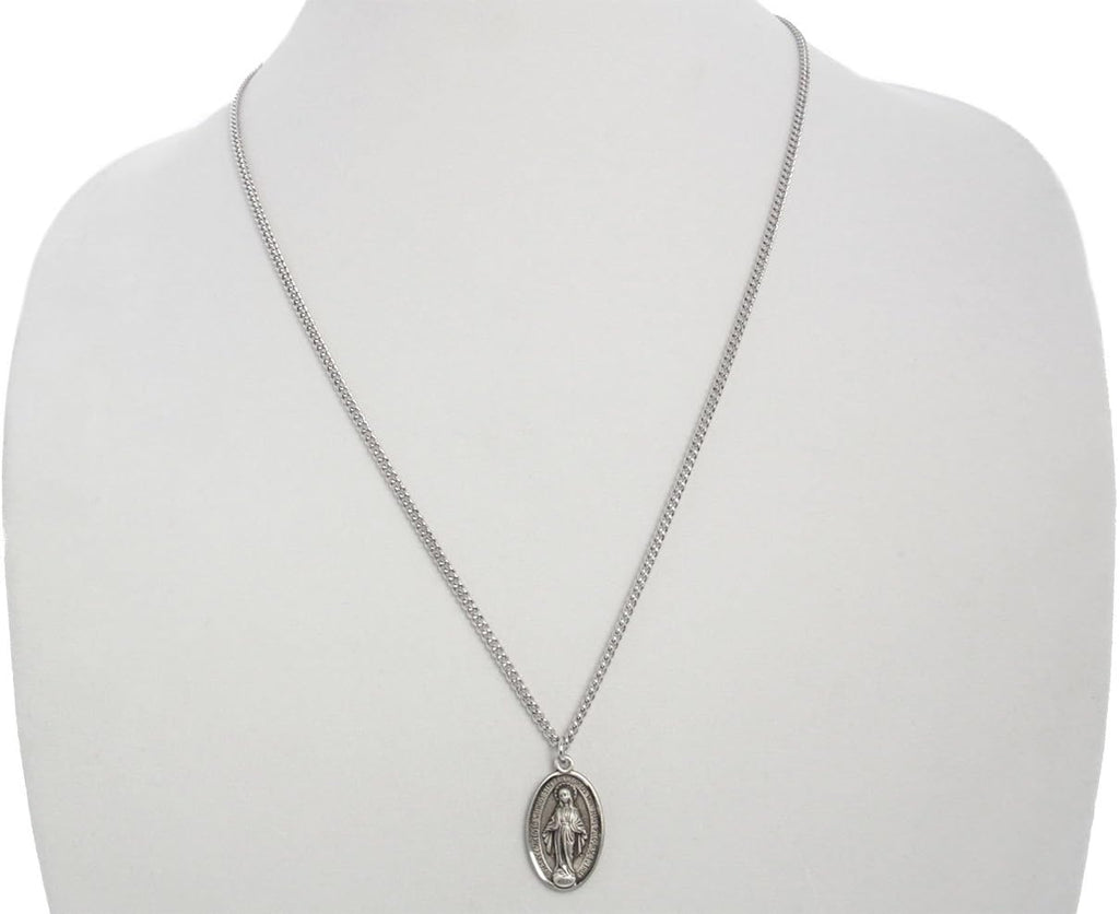Heartland Store Men's Sterling Silver Classic Miraculous Medal Etched Border Necklace + USA Made + Chain Choice