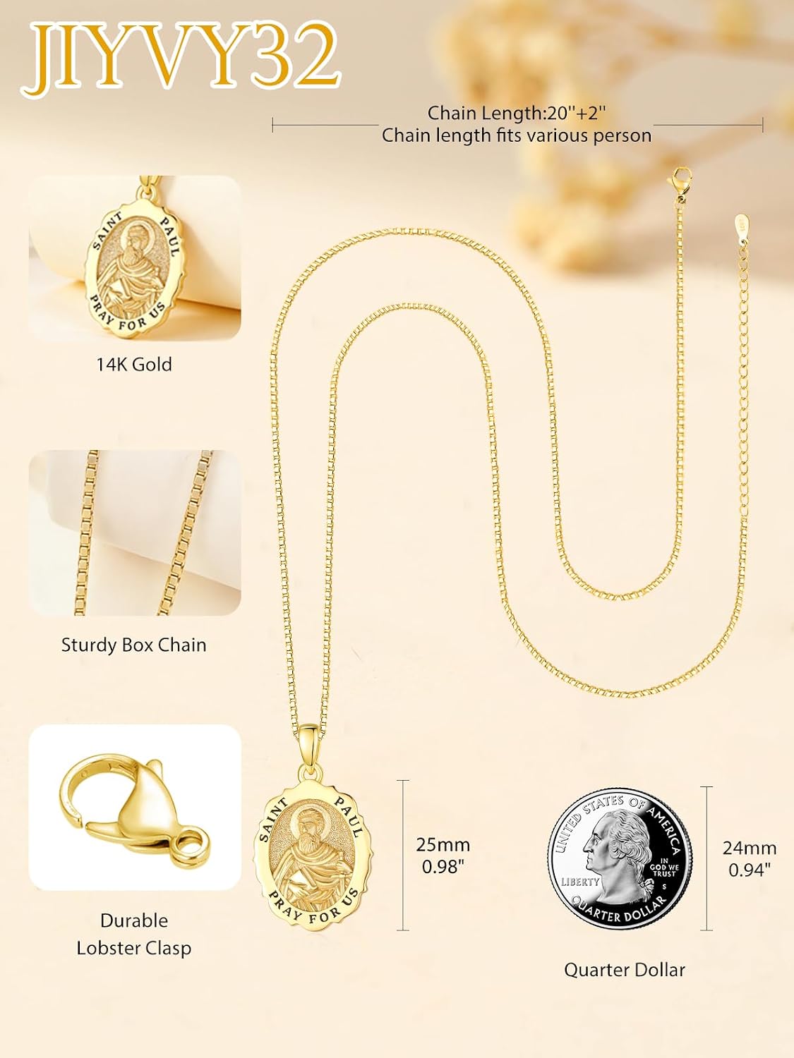 14K Gold Saint Medal Necklace for Women, Catholic Patron Saint Pendant Necklace, Christian Religious Jewelry Gift for Confirmation Baptism Communion Christmas Birthday