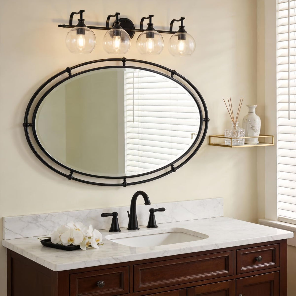 ANDY STAR 4 Light Bathroom Vanity Lights, Matte Black Bathroom Light with Clear Globe Glass Lampshade, 30.5 Inch Industrial Wall Lamp, E26 Base, Bulbs Not Included