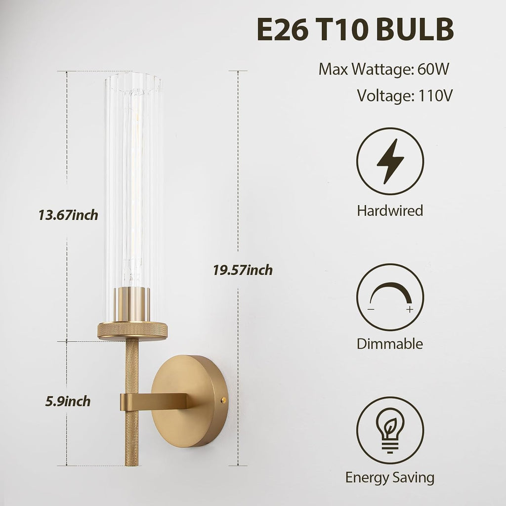 19.5' Knurled Gold Hardwired Wall Sconces Set of 2, Bathroom Vanity Light Fixtures with Vertical Striped Glass Tube, Modern Lamp Lighting for Bedroom, Living Room, Hallway, Staircase, Mirror, Kitchen