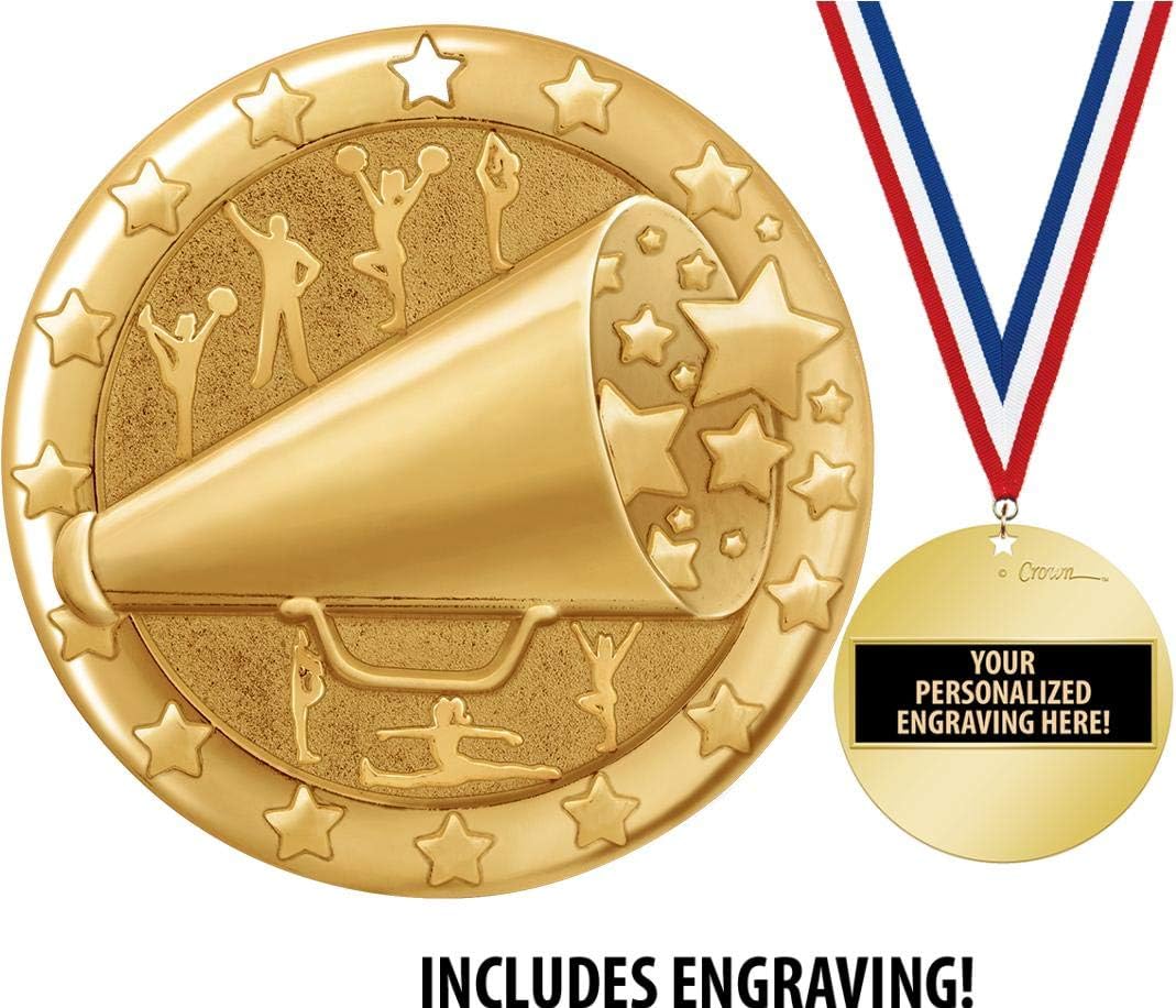 Crown Awards Cheer Medal, 2' Shiny Gold Cheerleading Medals for Kids with Free Custom Engraving