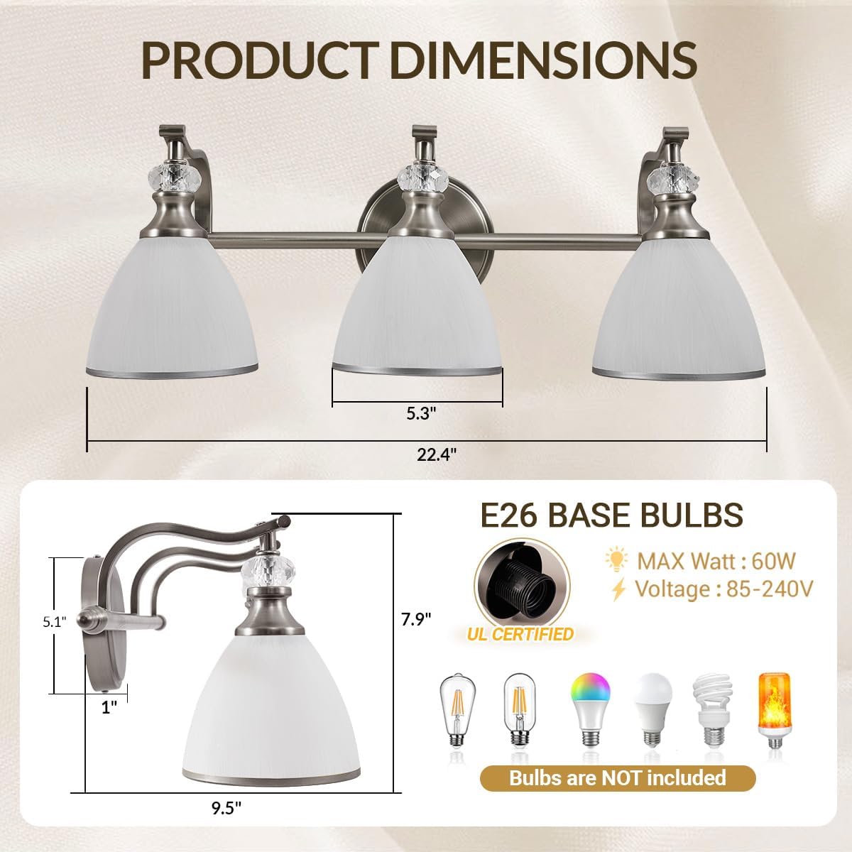 ANDY STAR Bathroom Light Fixture, 3-Light Bathroom Vanity Light Brushed Nickel, Vintage Wall Sconce with Hand-Painted Frosted Lampshade, Wall Lamp in Silver Finish for Bedroom, Living Room, Restroom