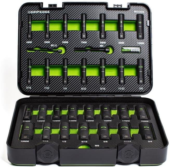 GripEdge | 32-PC 1/4' & 3/8' Drive Deep Metric & SAE Master Socket Extractor Set| Includes sizes - 4-19mm & 3/16-3/4' | Includes Premium Plastic Case With Foam Insert |