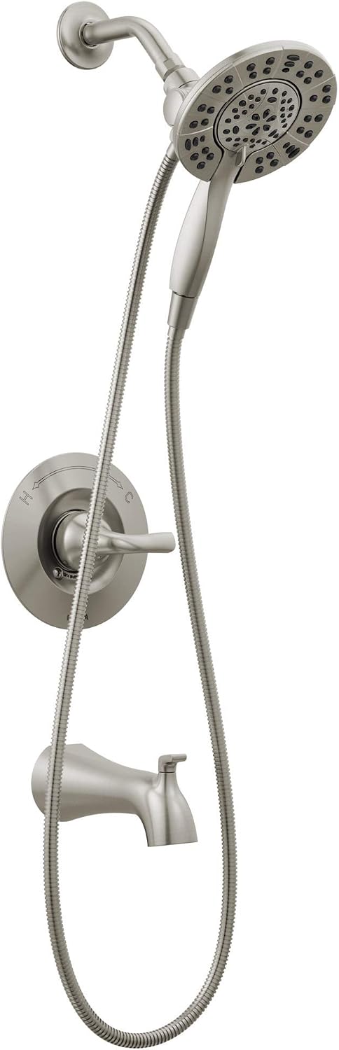 Delta Arvo 14 Series Brushed Nickel Bathtub Shower Faucet Set with In2ition 2-in-1 Dual Shower Head with Handheld Spray Combo, Valve Trim Kit, Spotshield Stainless 144840-SP-I (Valve Included)