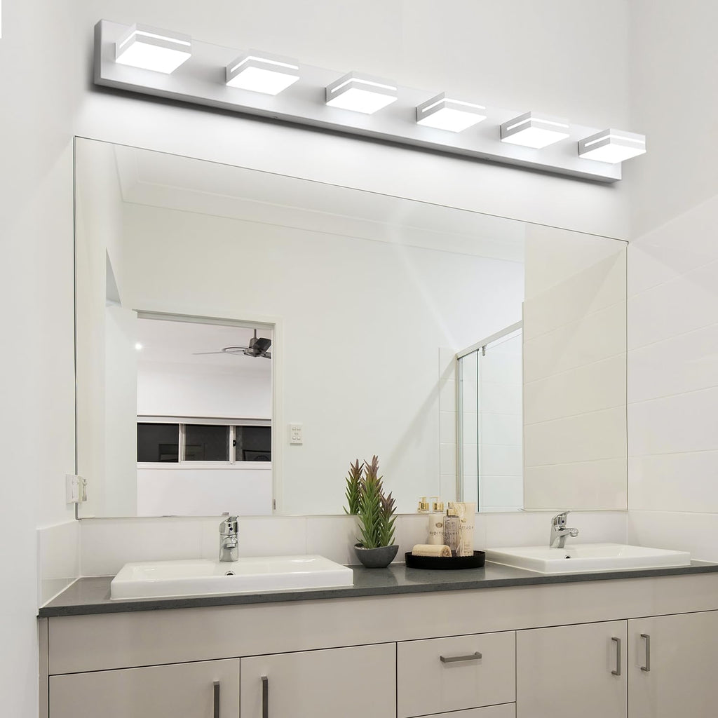 SineRise LED Modern Bathroom Vanity Light Fixtures (6-Light, 48-Inch, Dimmable), Matte White Modern Acrylic Bathroom Wall Lighting Fixtures Over Mirror (Cool White 6000K)