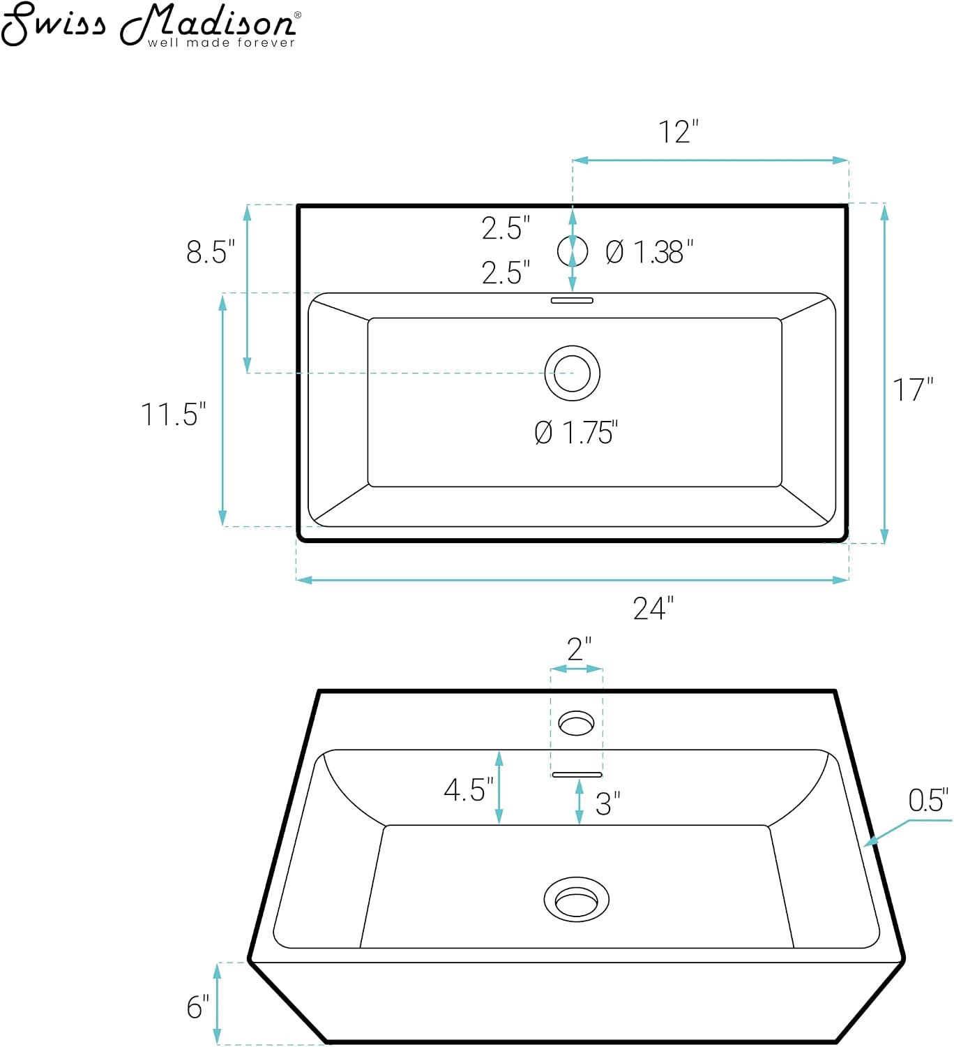 Claire 24' Rectangle Wall-Mount Bathroom Sink in Matte Black