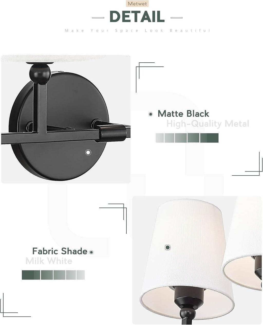 Bathroom Light Fixtures, 42 Inch Matte Black Vanity Lights with Flared White Fabric Shade, 6-Light Wall Sconce, Modern Sconces Wall Lighting for Hallway Bedroom, VL837-MB-6