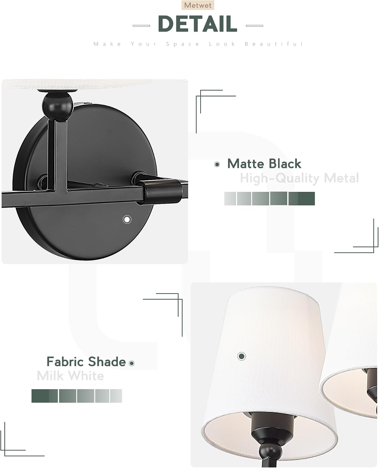 Bathroom Light Fixtures, 42 Inch Matte Black Vanity Lights with Flared White Fabric Shade, 6-Light Wall Sconce, Modern Sconces Wall Lighting for Hallway Bedroom, VL837-MB-6