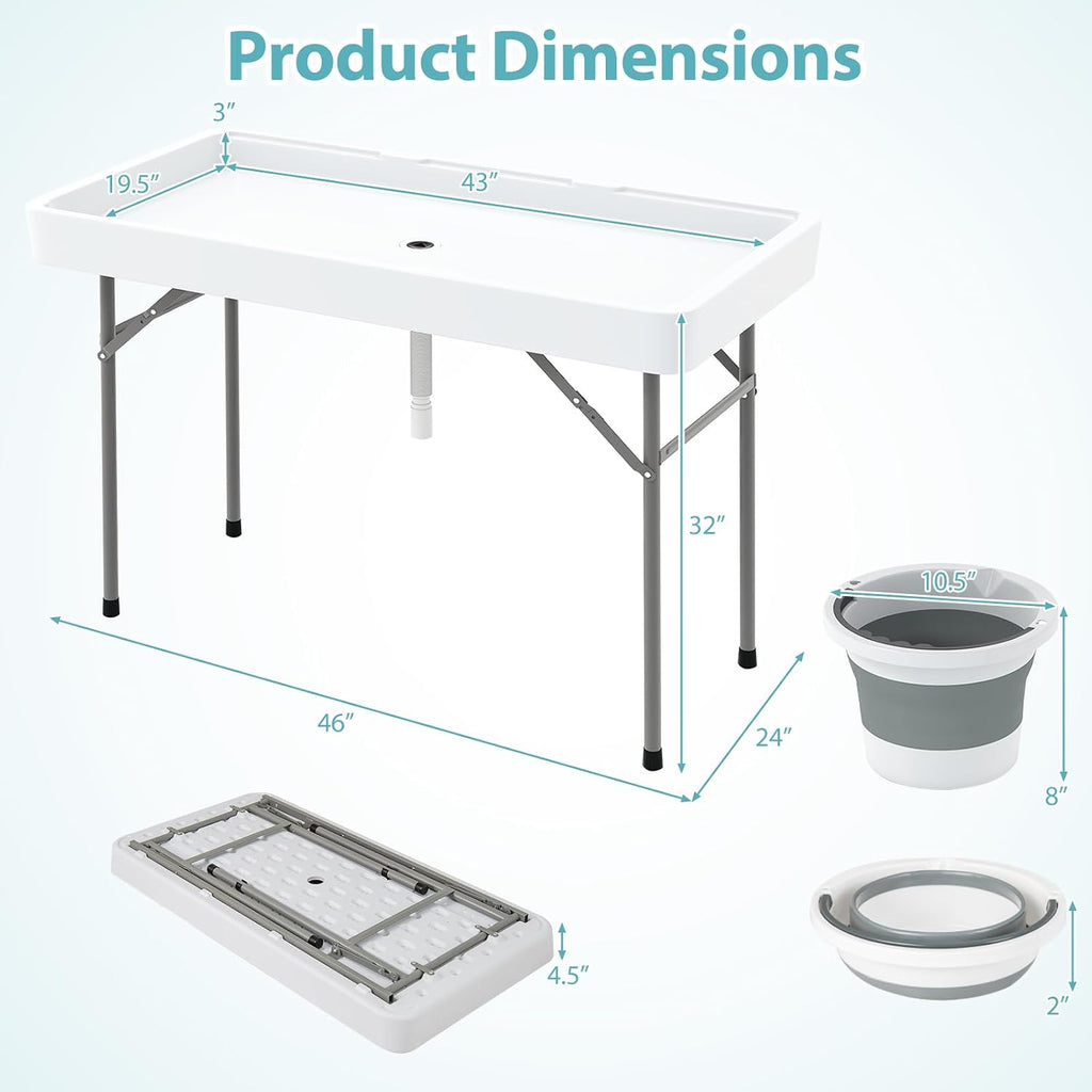 Giantex Folding Ice Cooler Table, 46'' Outdoor Chill Bar Table with Drain, Foldable Bucket & Removable Matching Skirt, for Events, Party, Camping, Buffet Beverage Server, White