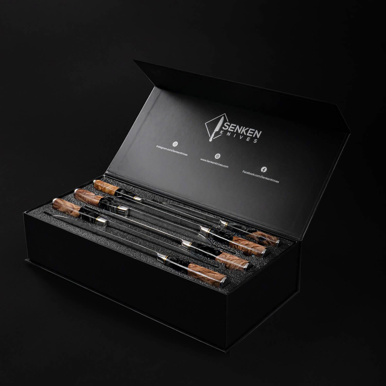 SENKEN 7-Piece Damascus Kitchen Knife Set - Tsunami Collection - 67-Layer Japanese VG10 Steel - Chef's Knife, Cleaver, Santoku, Bread, Boning, & More (Black Resin Blend)