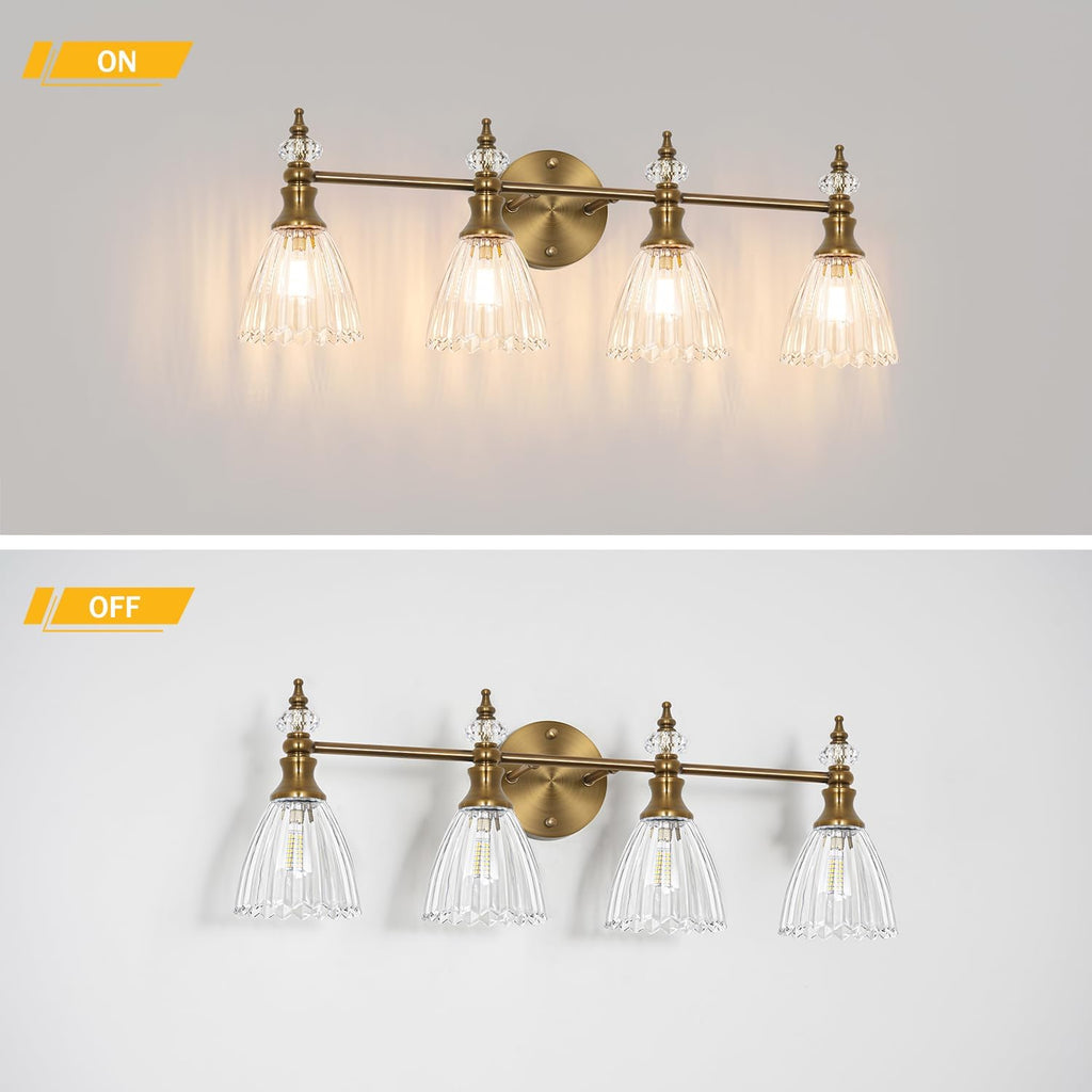 Large Bathroom Vanity Light 4 Lights, 26 Inch Brushed Gold Vintage Vanity Light Fixture with Clear Glass Shades, G9 Base Wall Mounted Light for Oversized Mirror, Luxury Bathroom, Master Bedroom