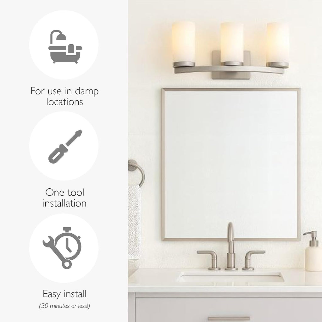 Design House Desta Vanity Light, 3-Light, Curved Bar Design, Frosted Glass Glow, Dimmable, Up/Down Mountable, E26 Socket, Satin Nickel, 22.4 in L x 6.9 in W x 9.5 in H, 589150-SN
