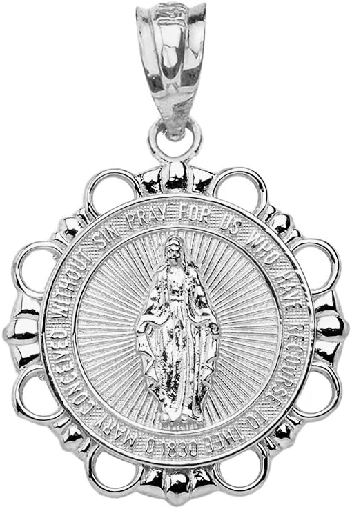 Religious Jewelry 14k White Gold Miraculous Medal Of Blessed Virgin Mary Round Pendant