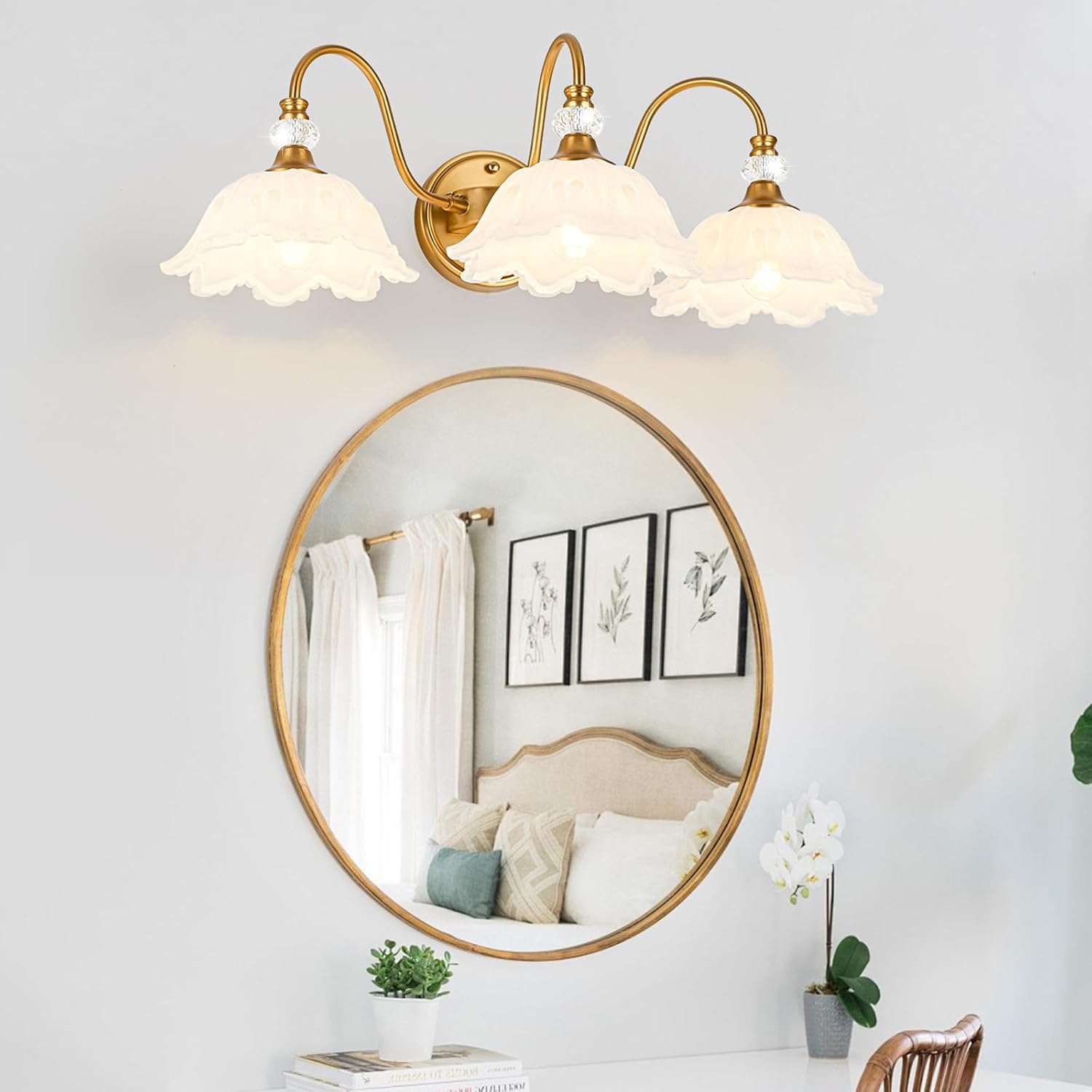 Vintage Bathroom Vanity Light, 3-Light Matte Brass Finish Vanity Light with Floral White Glass Shades, Retro Wall Sconce for Bathroom, Dressing Table