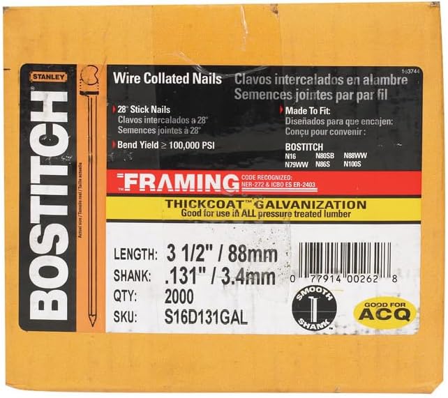 BOSTITCH S16D131GAL Thickcoat Clipped Head 3-1/2-Inch by .131-Inch by 28 Degree Wire Collated Framing Nail (2,000 per Box)