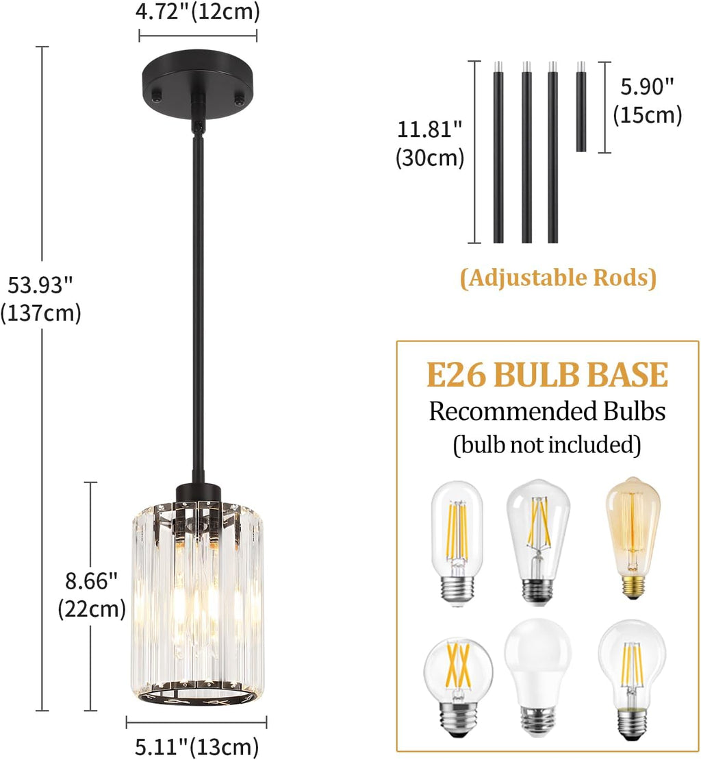 3 Pack Black Pendant Lights Kitchen Island, Modern Crystal Pendant Lighting Over Island, Hanging Kitchen Light Fixtures, Adjustable Mini Pendant Light for Bathroom Dining Room Hallway