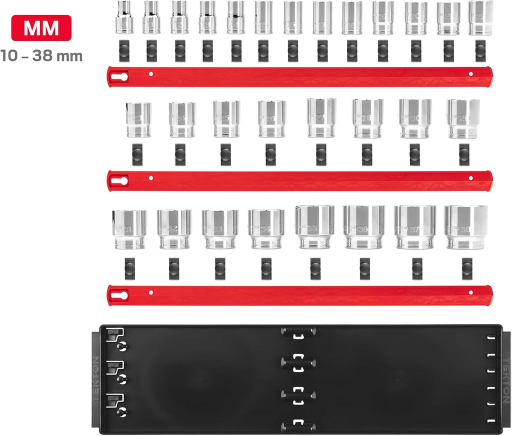TEKTON 1/2 Inch Drive Shallow 12-Point Socket Set with Rails and Tray, 29-Piece (10-38 mm) | SHD92128