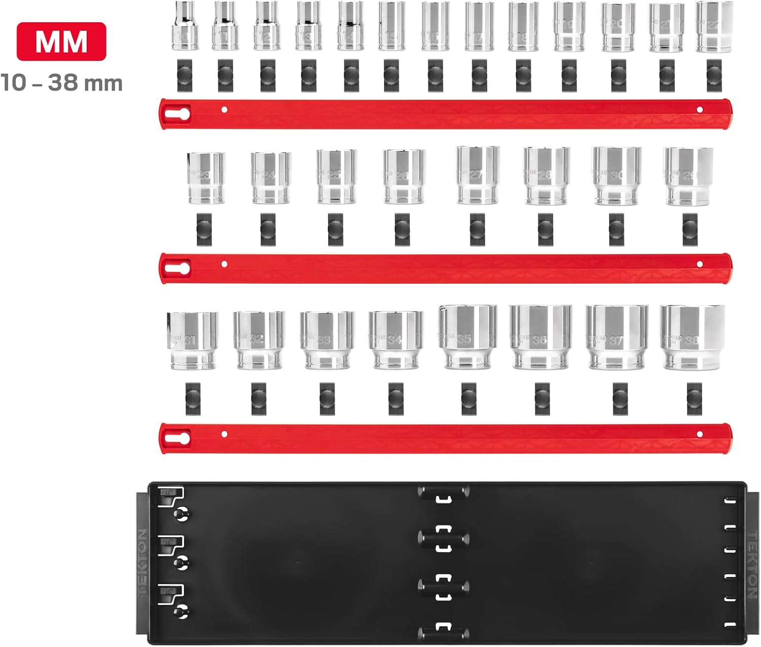 TEKTON 1/2 Inch Drive Shallow 12-Point Socket Set with Rails and Tray, 29-Piece (10-38 mm) | SHD92128