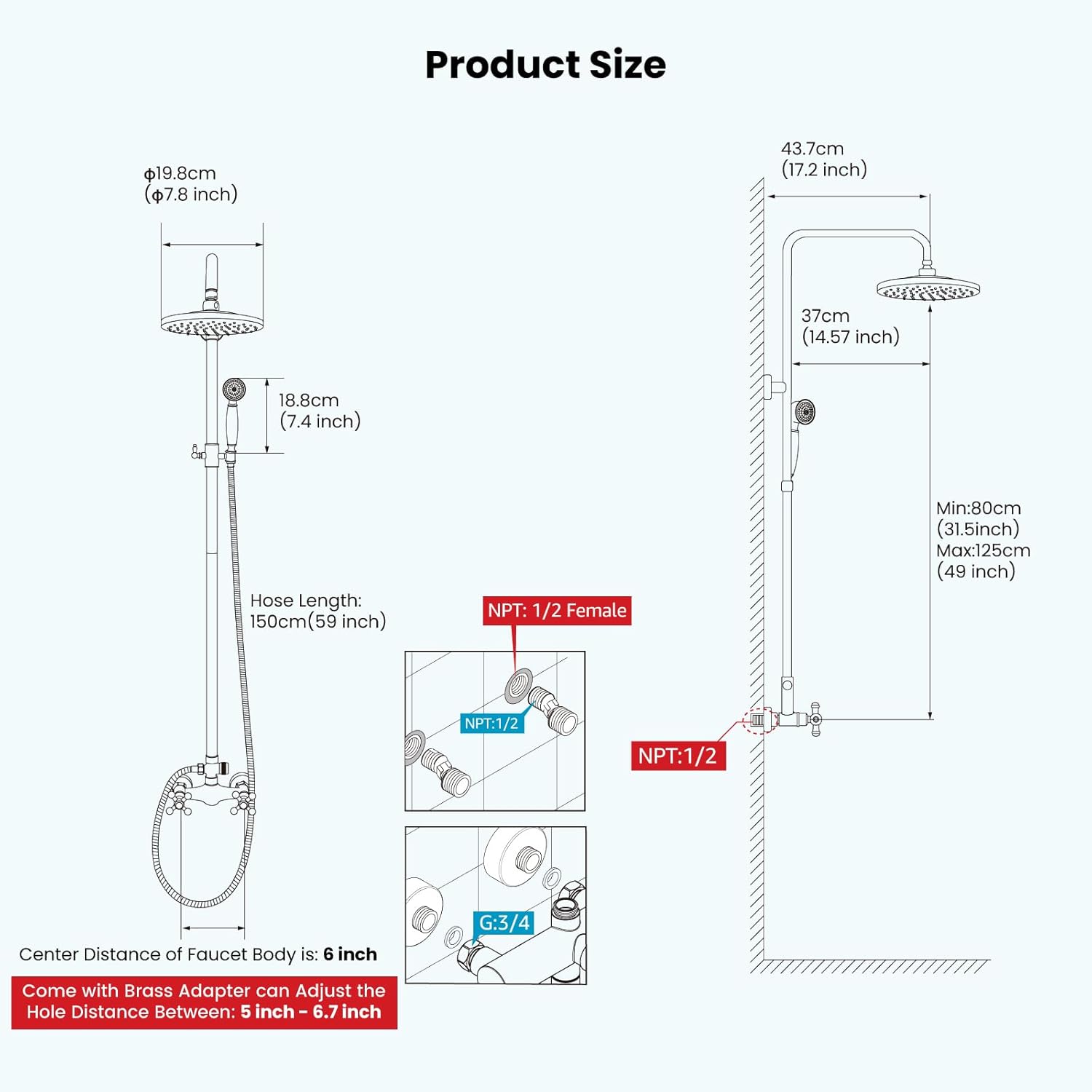gotonovo Exposed Bathroom Shower Faucet Set Shower Fixture 8 Inch Rainfall Shower Head Handheld Shower Cross Handle Wall Mount 2 Functions Polished Chrome