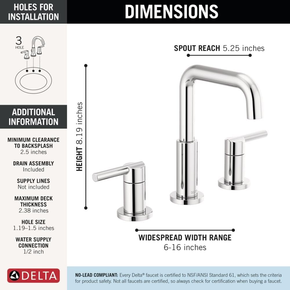 Delta Nicoli Chrome Faucet 3 Hole, 8 Inch Widespread Bathroom Sink Faucet for Vanity, Push-Pop Drain Assembly, Chrome 35849LF