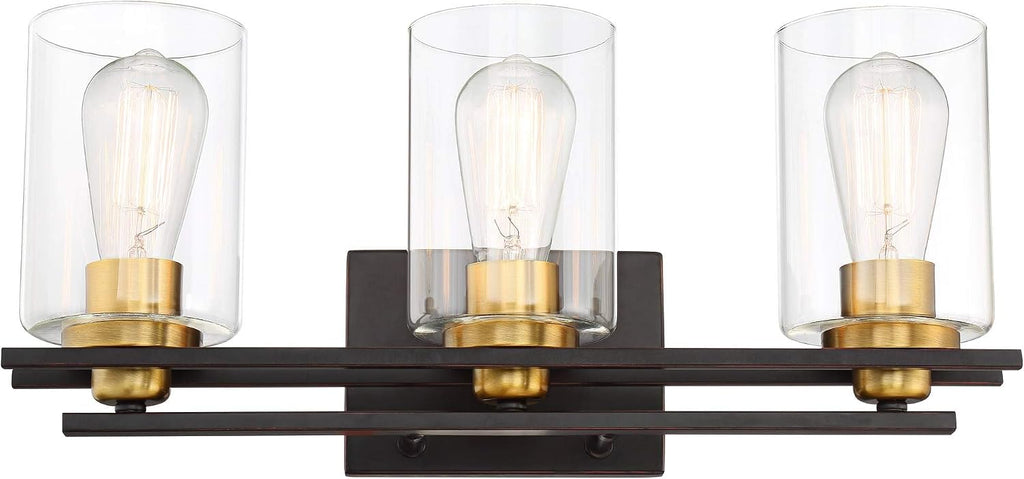 Possini Euro Design Demy Vintage Industrial Wall Mount Light Oil Rubbed Bronze Gold Hardwired 20' Wide 3-Light Fixture Clear Glass Cylinder Shade for Bathroom Vanity Mirror House Home Room Decor