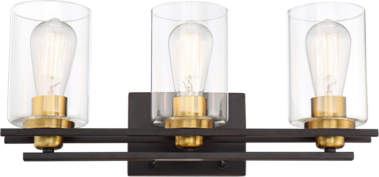 Possini Euro Design Demy Vintage Industrial Wall Mount Light Oil Rubbed Bronze Gold Hardwired 20' Wide 3-Light Fixture Clear Glass Cylinder Shade for Bathroom Vanity Mirror House Home Room Decor
