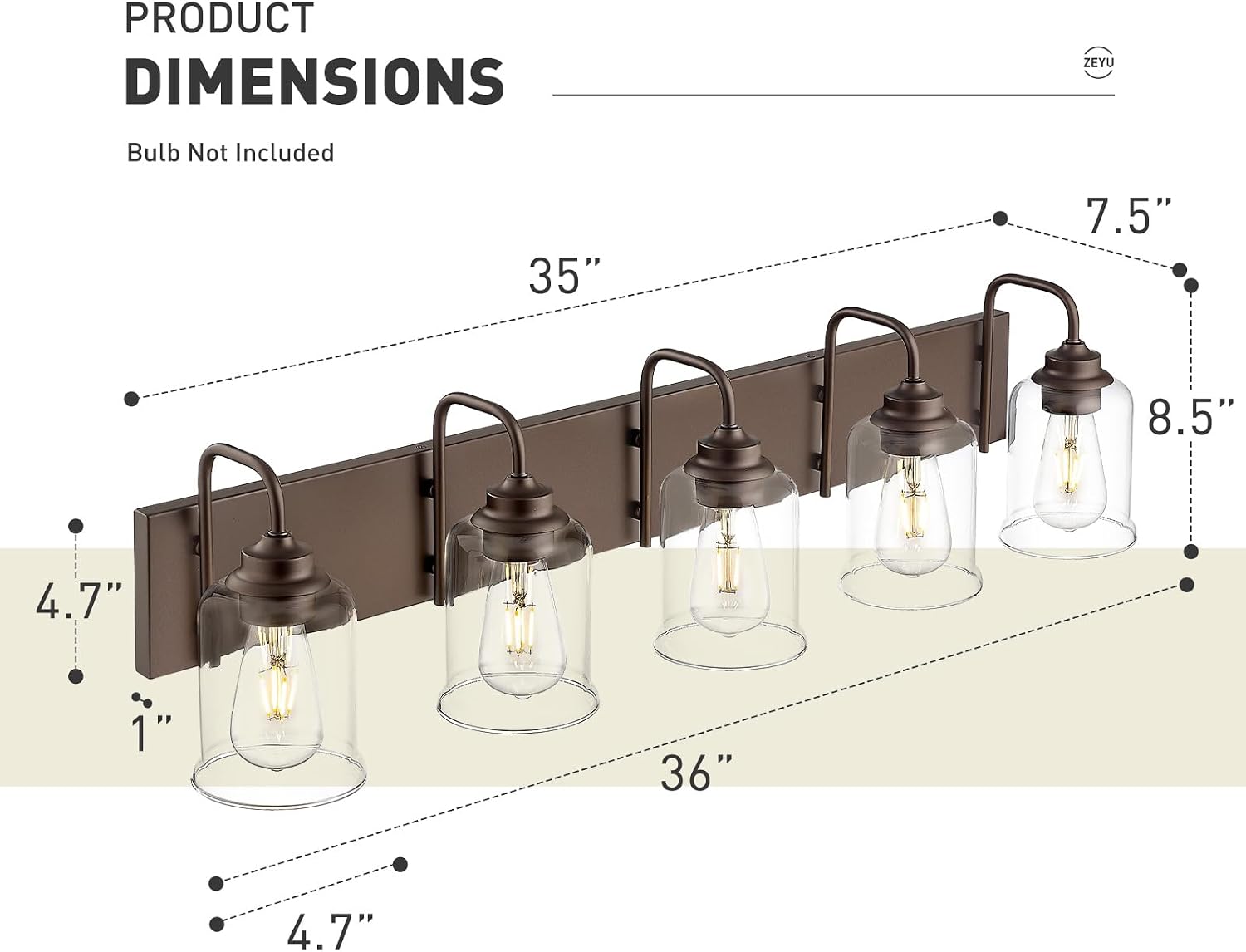 zeyu 5-Light Modern Vanity Light Fixture, 36' Bathroom Light Fixtures Wall Mount with Clear Glass, Oil Rubbed Bronze Finish, ZSL72B-5W ORB