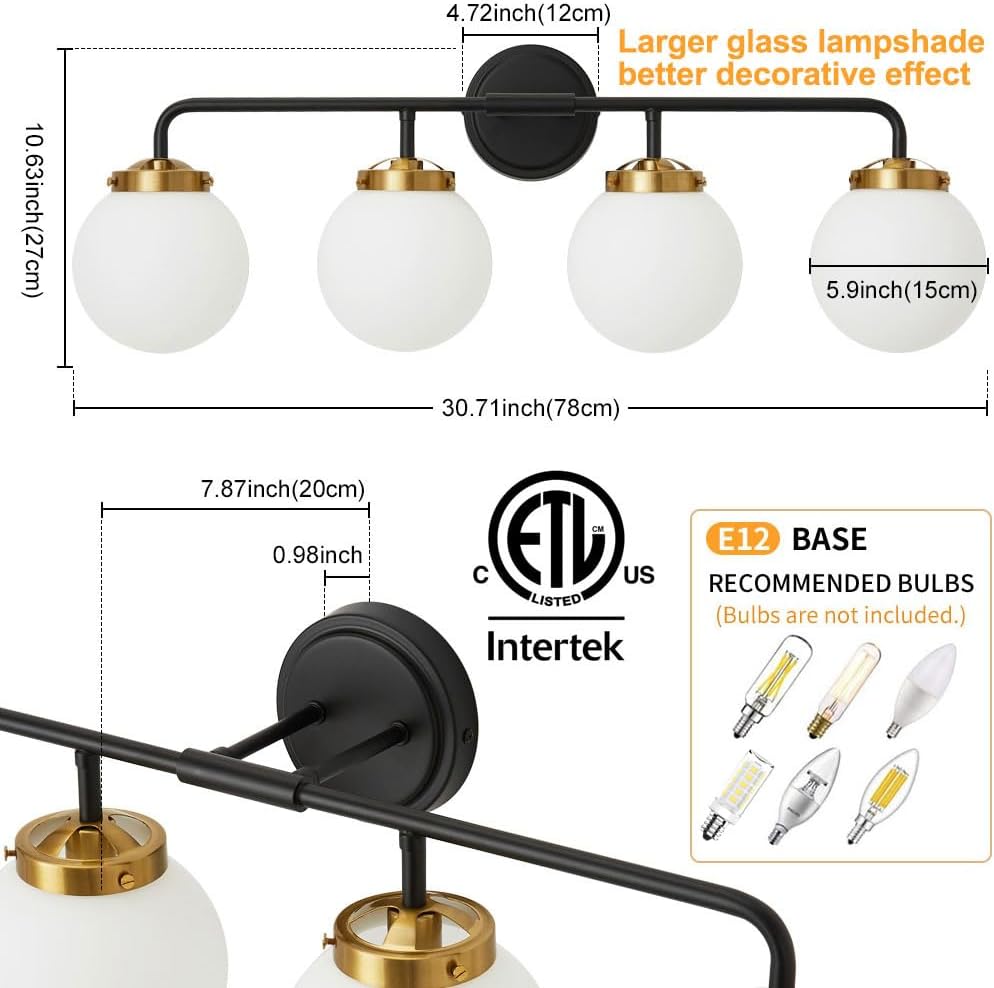 Black Gold Bathroom Light Fixtures Above Mirror, Modern Vanity Lighting with White Glass Globe Shade 4-Light Farmhouse Wall Sconce