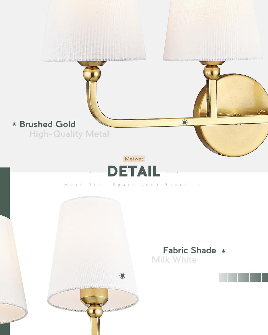 Bathroom Light Fixtures, 4 Light Brushed Gold Vanity Lights with Flared White Fabric Shade, 28 Inch Wall Sconce, Modern Sconces Wall Lighting for Hallway Bedroom, VL837-BG-4