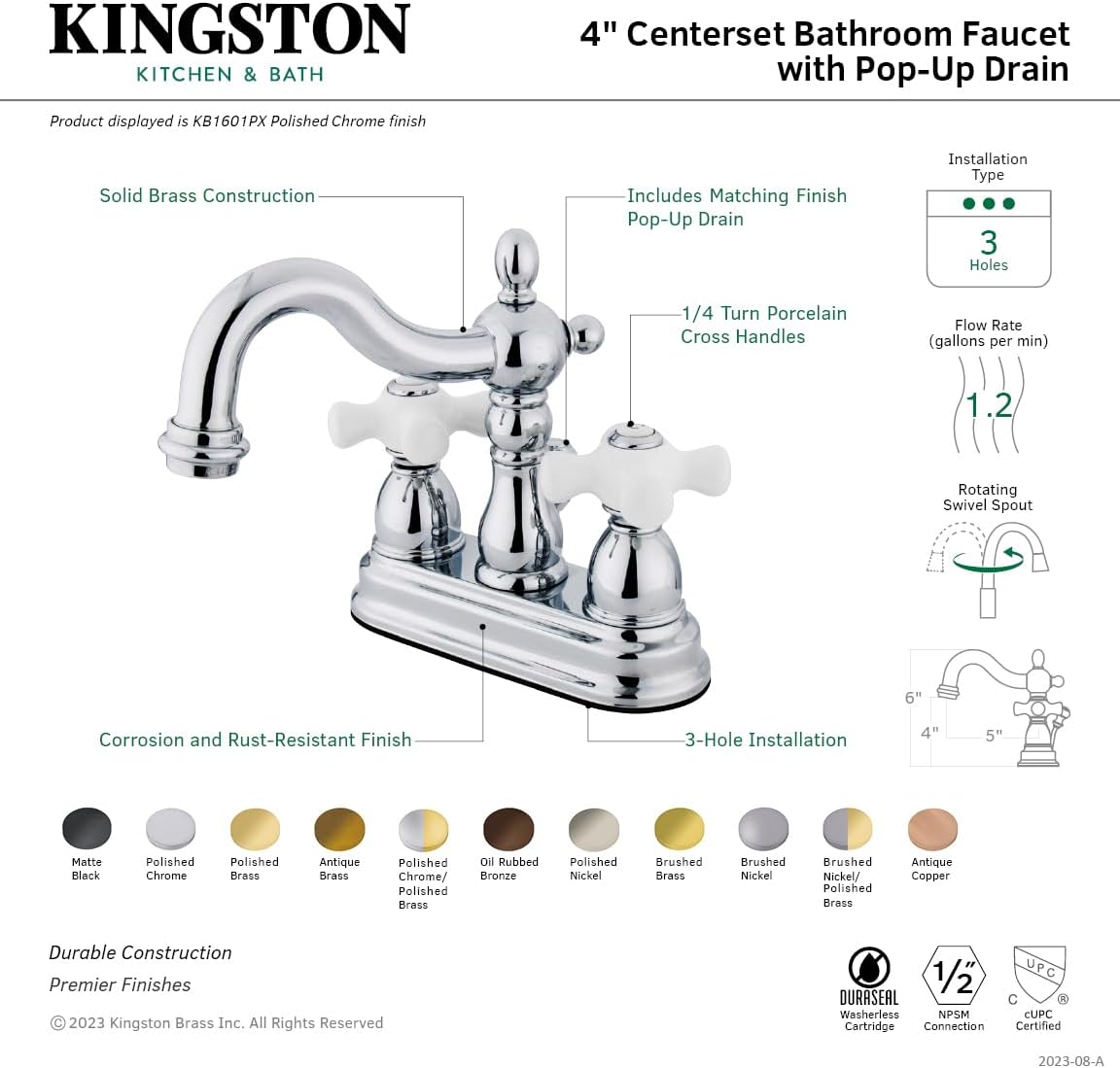 Kingston Brass KB1608PX Heritage 4-Inch Centerset Lavatory Faucet with Porcelain Cross Handle, Brushed Nickel