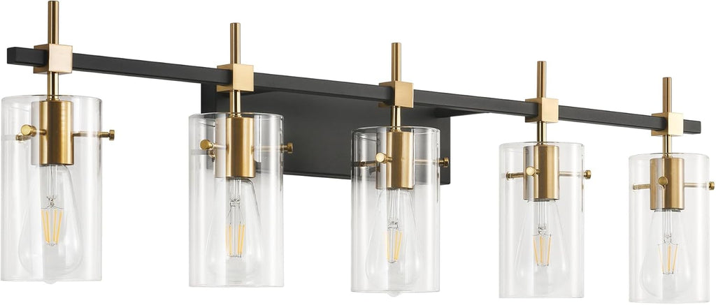 SOLFART 40.1 inch Vintage Brass Bathroom Vanity Light fixtures Bathroom Wall Lights Over Mirror with Glass Shade 5 Light