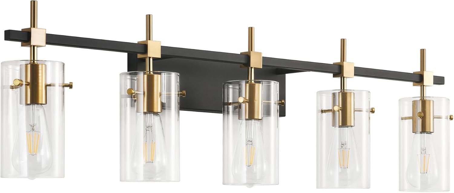 SOLFART 40.1 inch Vintage Brass Bathroom Vanity Light fixtures Bathroom Wall Lights Over Mirror with Glass Shade 5 Light
