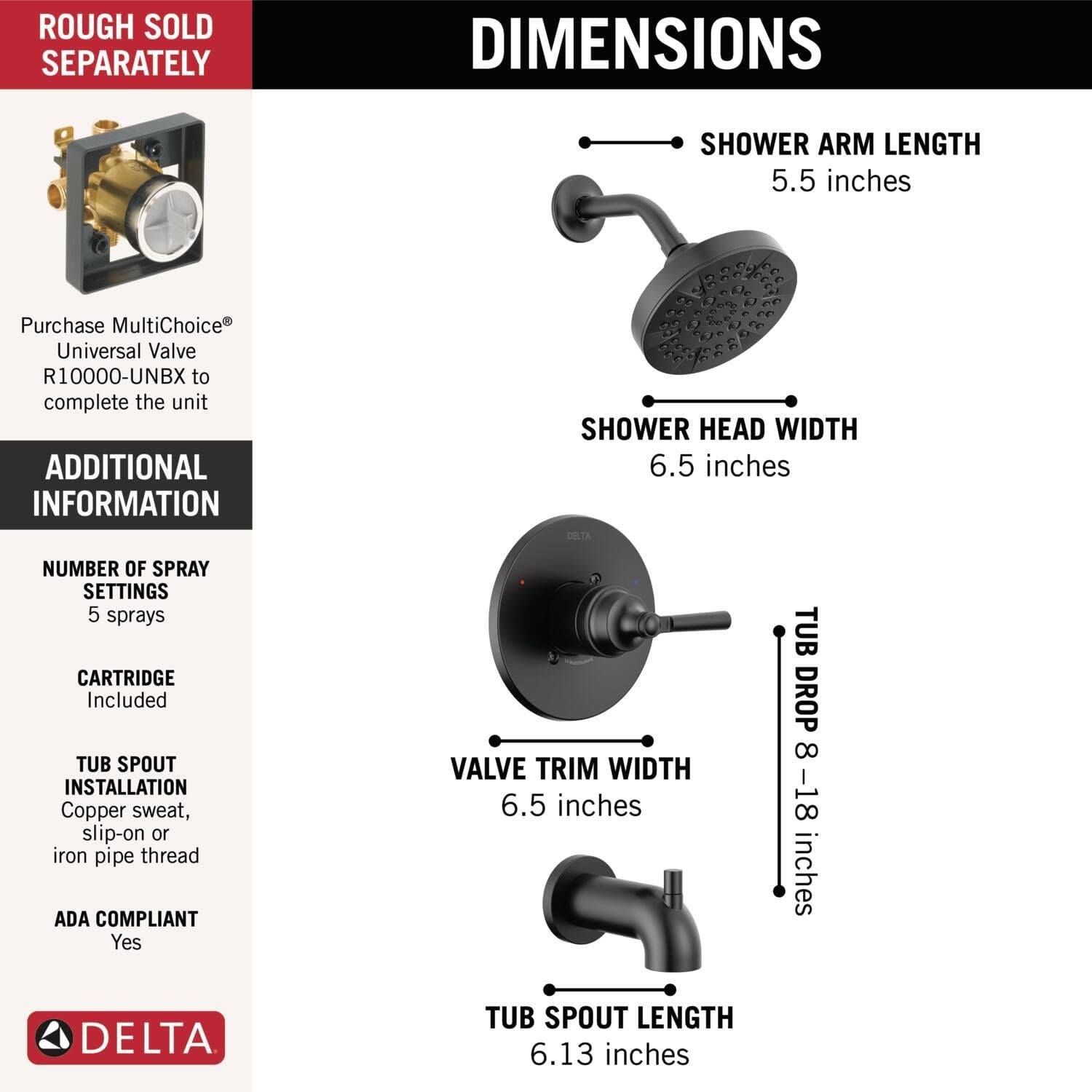 Delta Faucet Saylor 14 Series Black Tub and Shower Faucet Combo, Bathtub and Shower Trim System, Shower Trim Kit, Bathtub Faucet Set, Shower Tub Faucet, Matte Black T14435-BL (Valve Not Included)