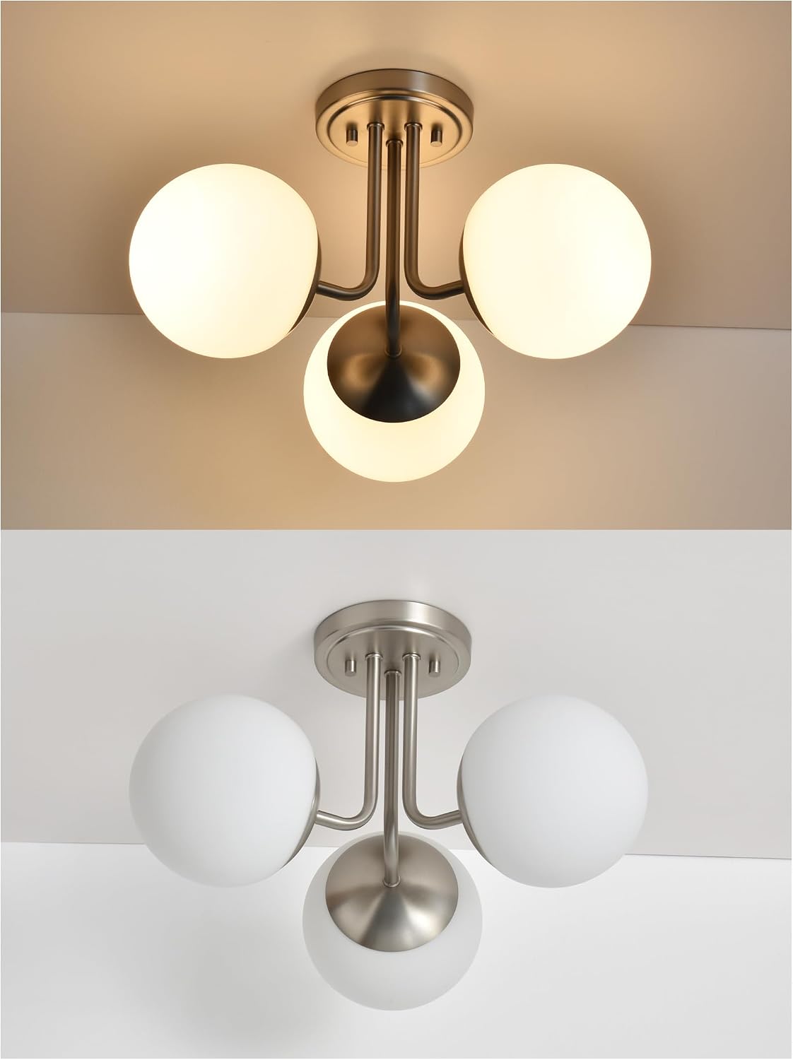 3 Light Semi Flush Mount Ceiling Light Fixture Brushed Nickel, Modern Globe Chandelier, Sputnik Farmhouse Lighting for Kitchen Bedroom Bathroom Living Room Corridor Laundry Room Bar …