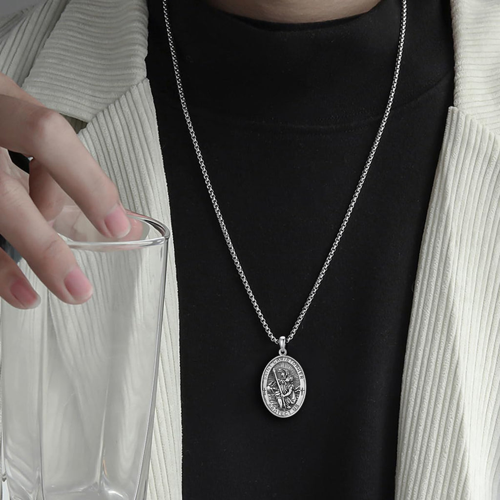 Seiyang St Christopher Medal for Men 925 Sterling Silver Round & Oval St Christopher Pendant Mens Double Sided Saint Christopher Medallion Necklace Protection Jewelry Religious Gifts for Men Women