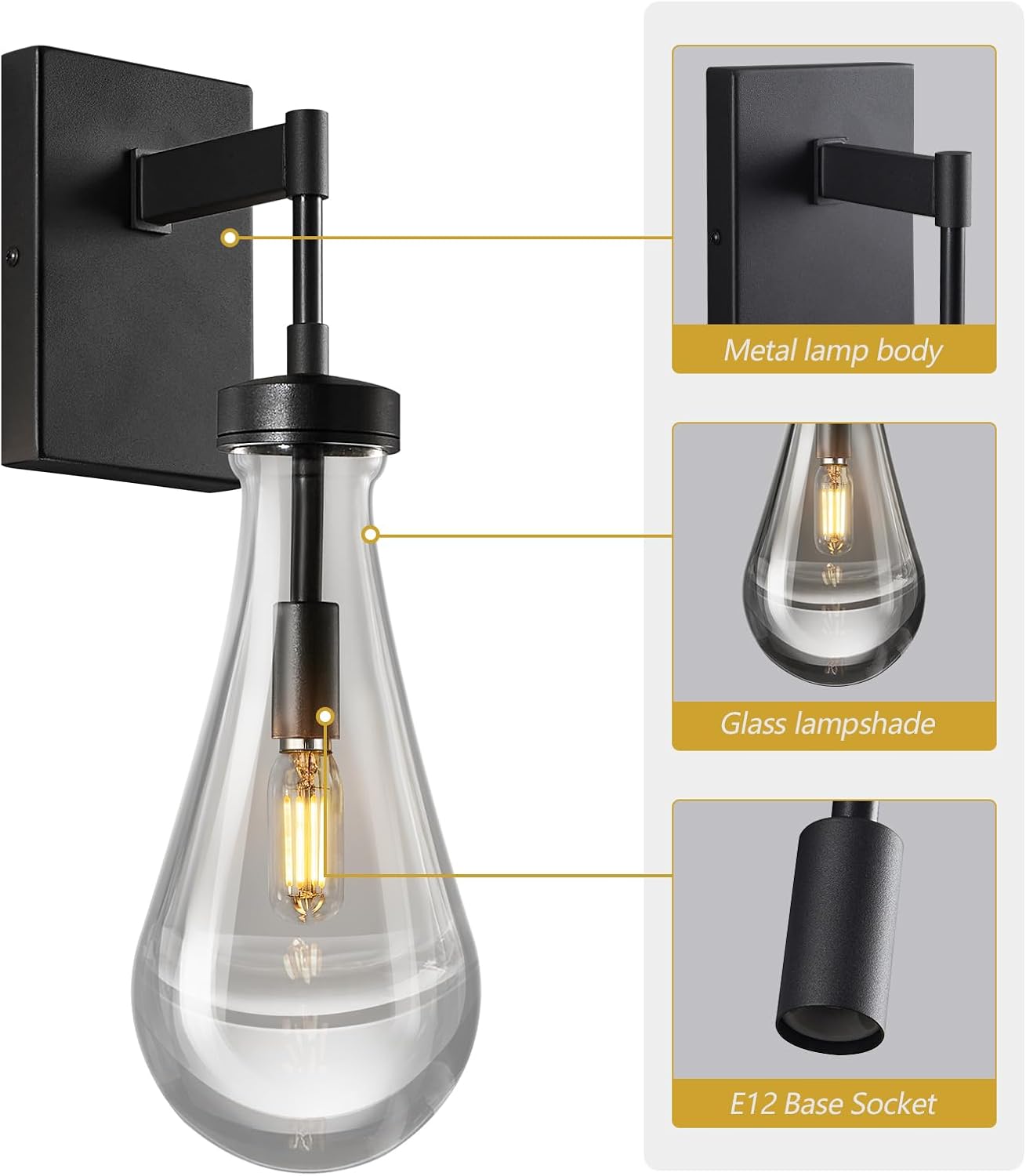 Raindrop Wall Sconces Set of Two Black Sconces Wall Decor Modern Wall Lighting Glass Bathroom Sconces Indoor Vanity Light Wall Lamp for Bedroom Living Room Stair