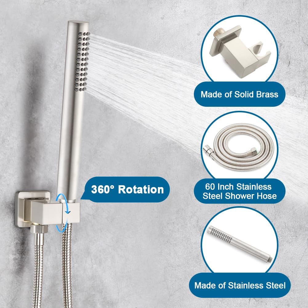 Shower Faucet Set Brushed Nickel Rainfall 12 Inch Shower Head and Handle Set Bathroom Rain Shower System Wall Mounted Shower Fixture Include Shower Valve and Trim Kit