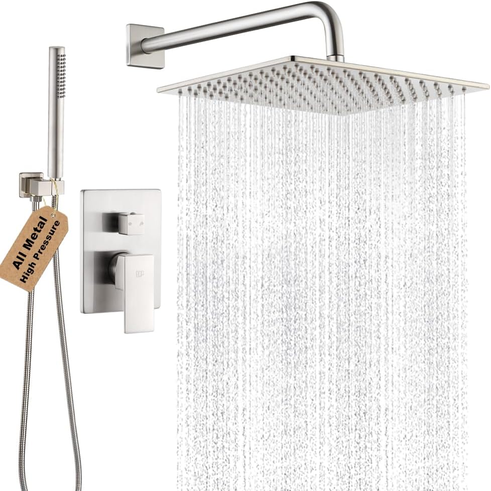 Shower Faucet Set Brushed Nickel Rainfall 12 Inch Shower Head and Handle Set Bathroom Rain Shower System Wall Mounted Shower Fixture Include Shower Valve and Trim Kit