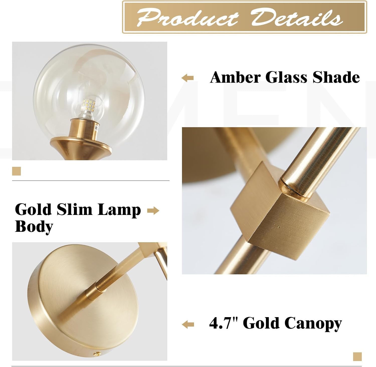 KCO Mid-Century Modern Wall Mounted Sconces Set of 2 Amber Glass Globe Wall Lamps with Long Arm Industrial Gold Wall Lights Fixture for Bedroom Bedside Stairway Hallway