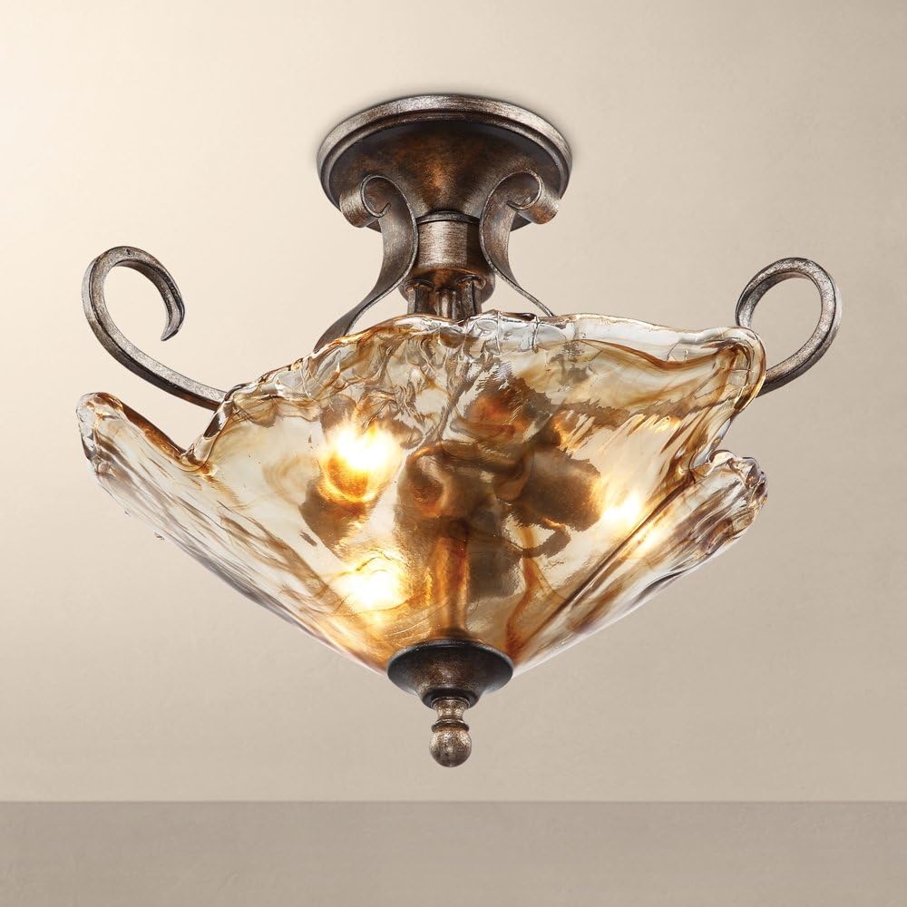 Franklin Iron Works Amber Scroll Rustic Ceiling Light Semi Flush Mount Fixture Golden Bronze 20 1/4' Wide Art Glass for Cottage Core Bedroom Kitchen Living Room Hallway Bathroom (Colors May Vary)