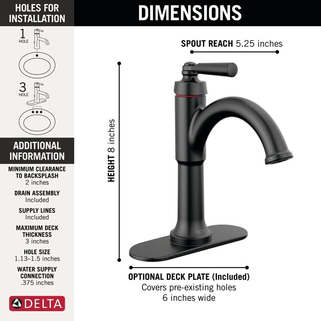 Delta Faucet Saylor Matte Black Bathroom Faucet, Single Hole Bathroom Faucet, Single Handle Bathroom Sink Faucet Black, Diamond Seal Technology, Drain Assembly, Matte Black 535-BLMPU-DST