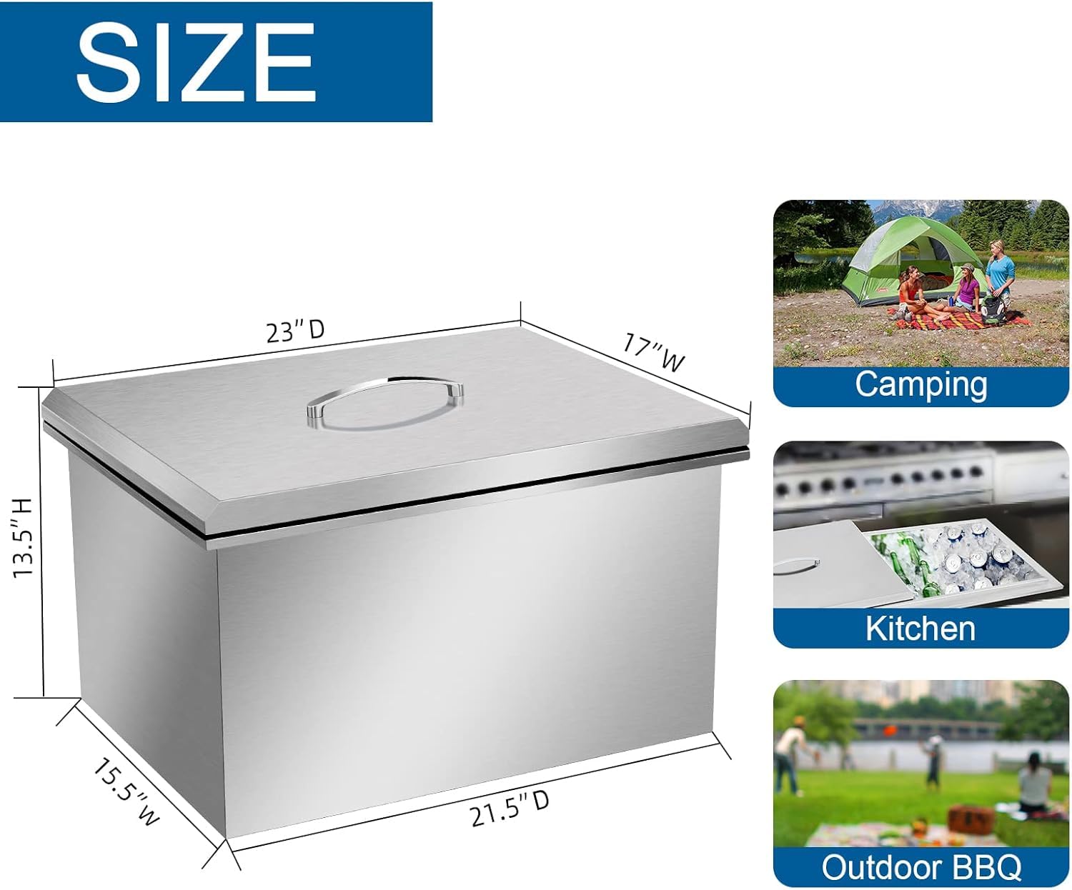 Drop in Ice Chest, Outdoor 304 Stainless Steel Built-in Ice Bucket, Ice Bin Cooler with Cover Including Drain-Pipe & Drain Plug Lid for Cold Wine Beer,23''L X 17''W X 13''H