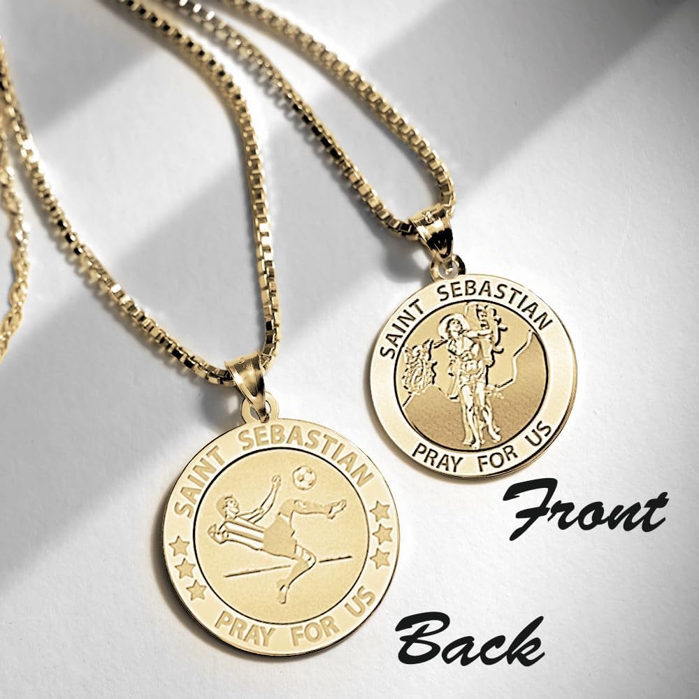 PicturesOnGold.com Soccer - Saint Sebastian Doubledside Sports Religious Medal 2/3 Inch Size of Dime, Solid 14K Yellow Gold