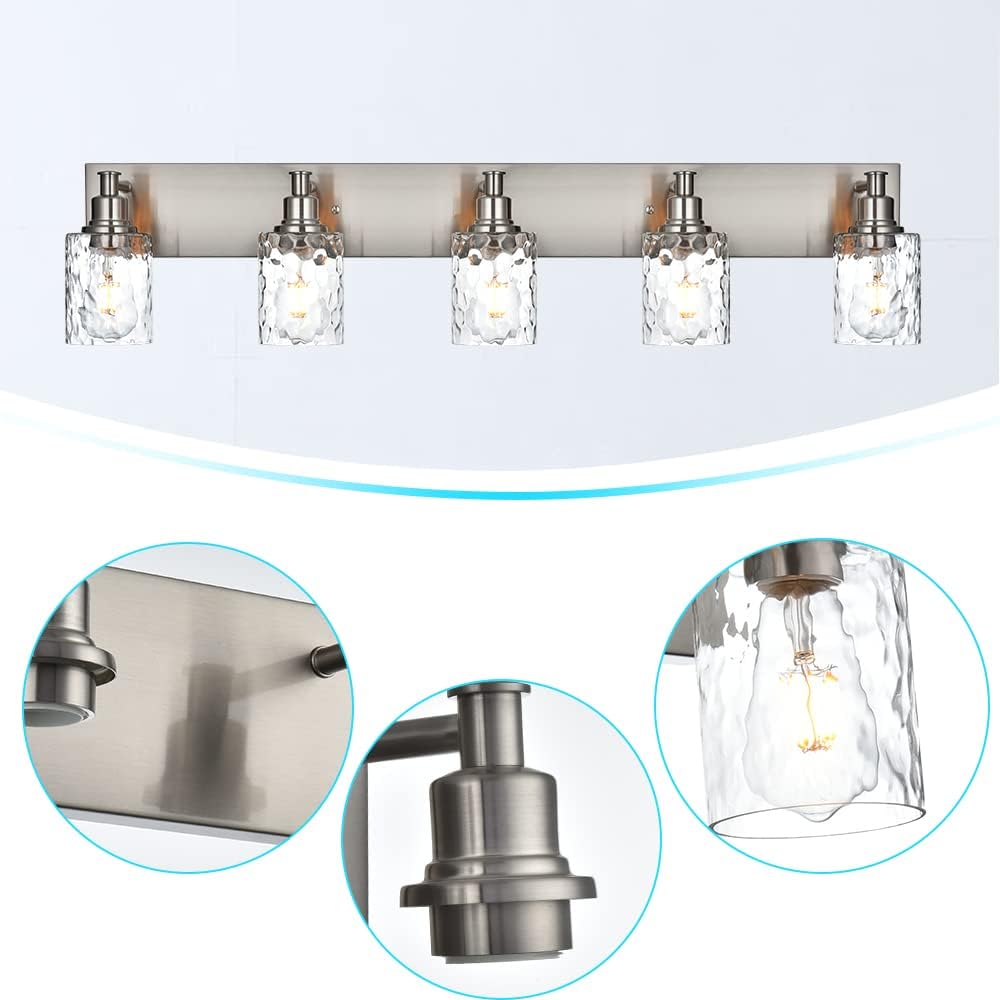 BONLICHT 5 Lights Sconces Wall Lighting Brushed Nickel with Hammered Glass Shade, Industrial Bathroom Light Fixtures Vanity Lights Porch Light Fixtures Classic Metal Wall Mount Lamp Over Mirror
