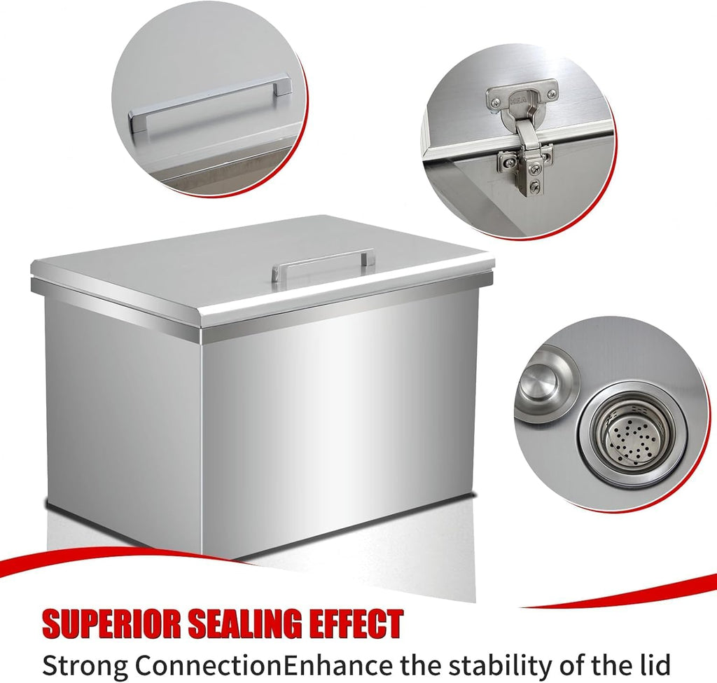 Drop in Ice Chest, Outdoor Kitchen Ice Bar Stainless Steel Ice Cooler, Commercial Ice Bin with Hinged Cover, Ice Bucket, for Cold Wine Beer