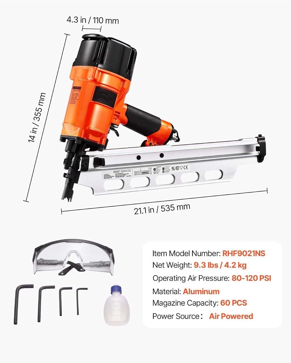 Framing Nailer 2-3.5 Inch 21 Degree Pneumatic Nail Gun, Full Round Head, 80-120 PSI, Pro Nailer for Wood Framing, Construction, Roofing & DIY Projects