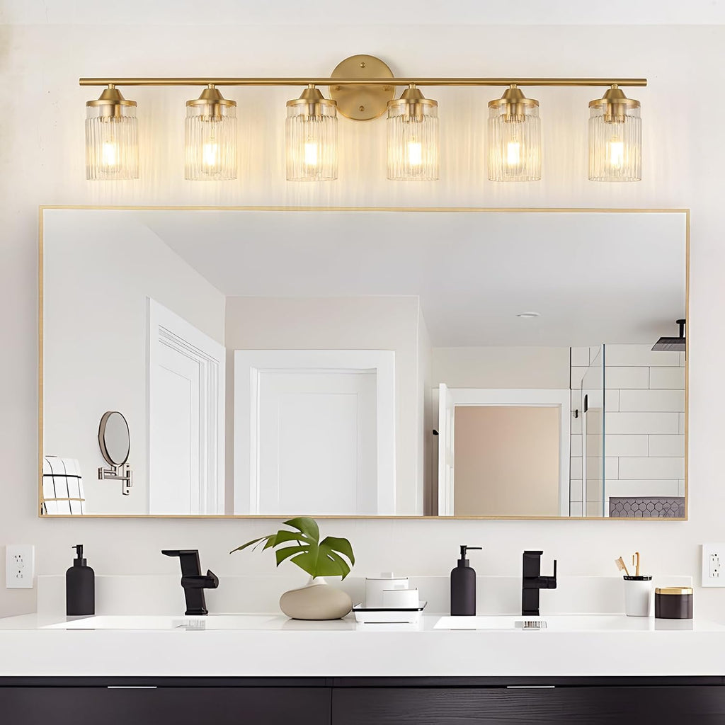 Jonsi Gold Bathroom Light Fixtures 6-Light Vanity Lights Modern Wall Sconce with Clear Glass Shade Brushed Brass Bathroom Light Fixture Over Mirror for Bedroom Hallway Kitchen