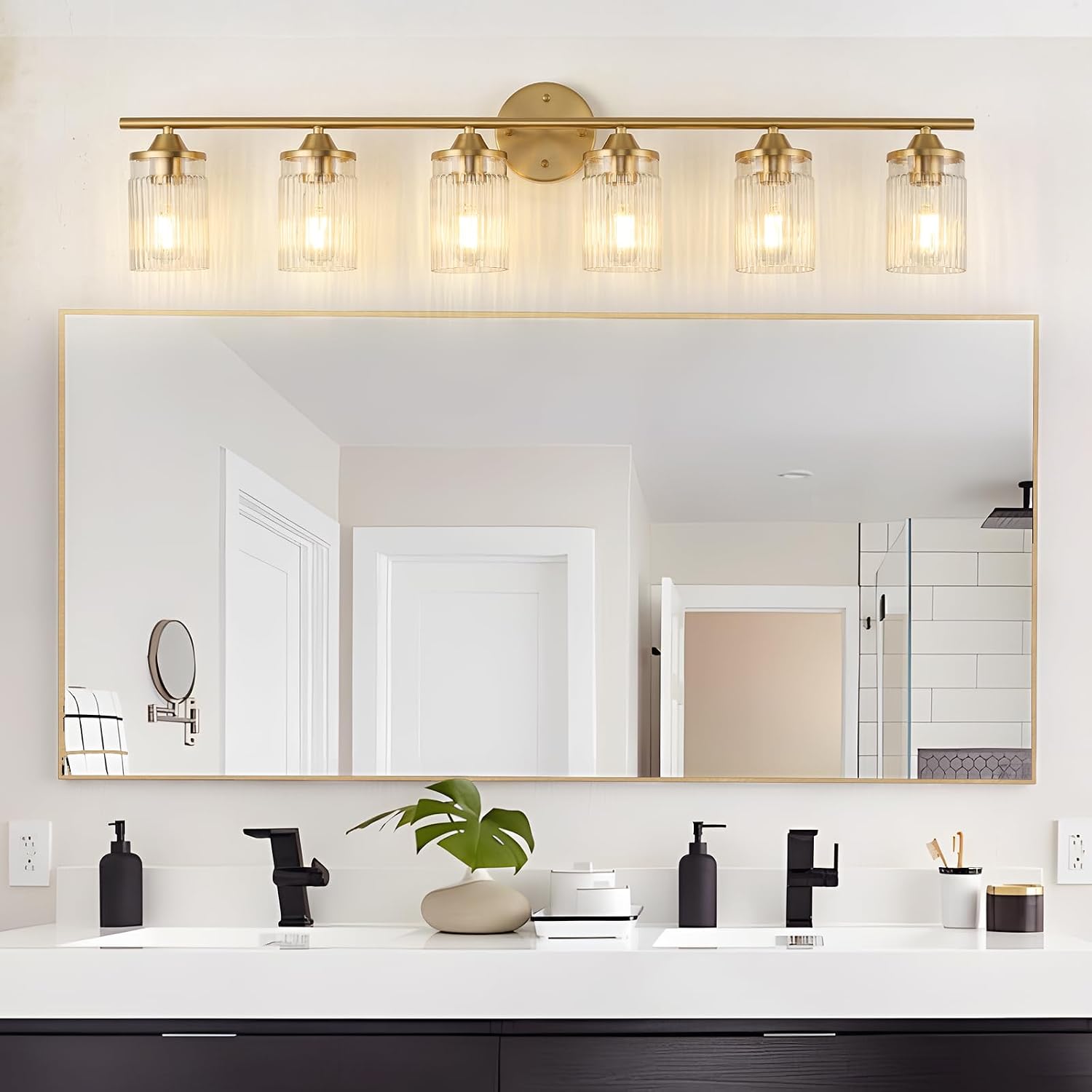 Jonsi Gold Bathroom Light Fixtures 6-Light Vanity Lights Modern Wall Sconce with Clear Glass Shade Brushed Brass Bathroom Light Fixture Over Mirror for Bedroom Hallway Kitchen