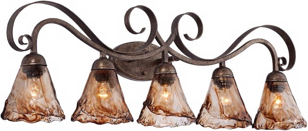 Franklin Iron Works Amber Scroll Rustic Vintage Wall Mount Light Golden Bronze Silver Metal 37 1/4' Wide 5-Light Vanity Fixture Organic Art Glass Shades Decor for Bathroom Over Mirror House Home