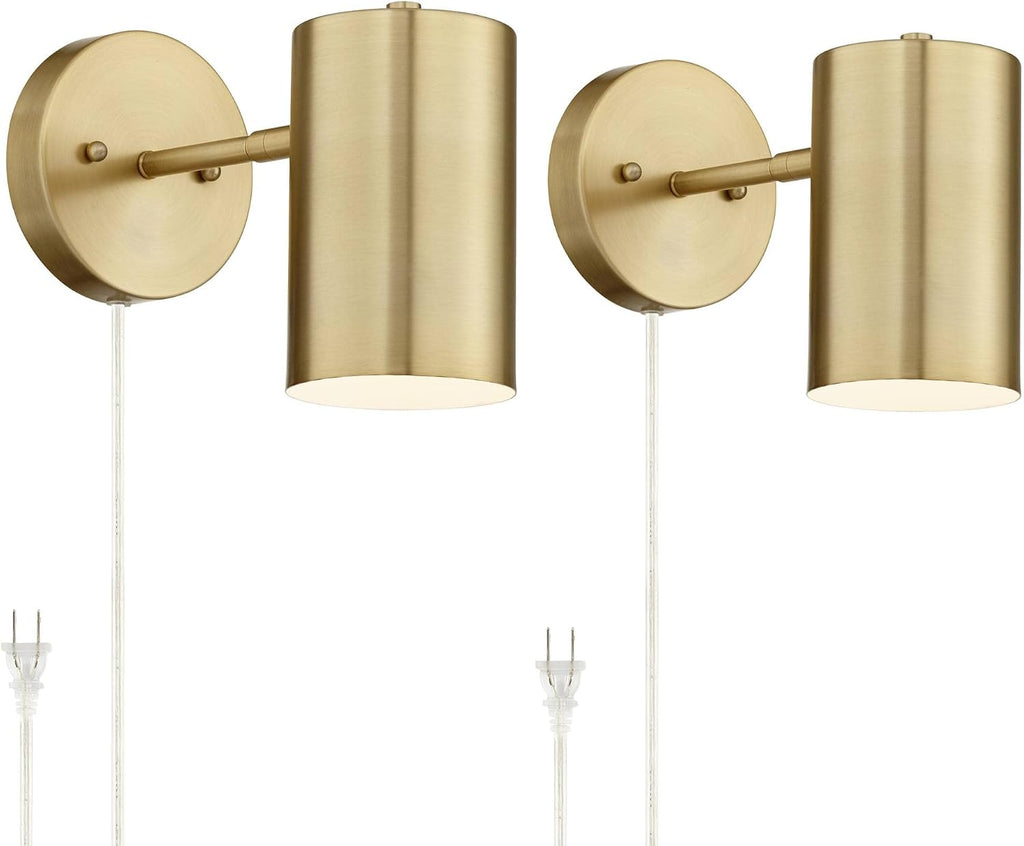 360 Lighting Carla Modern Wall Lamps Set of 2 Polished Brass Plug-in 5' Fixture Adjustable Cylinder Metal Shade for Bedroom Bedside House Reading Living Room Home Hallway Dining Decor